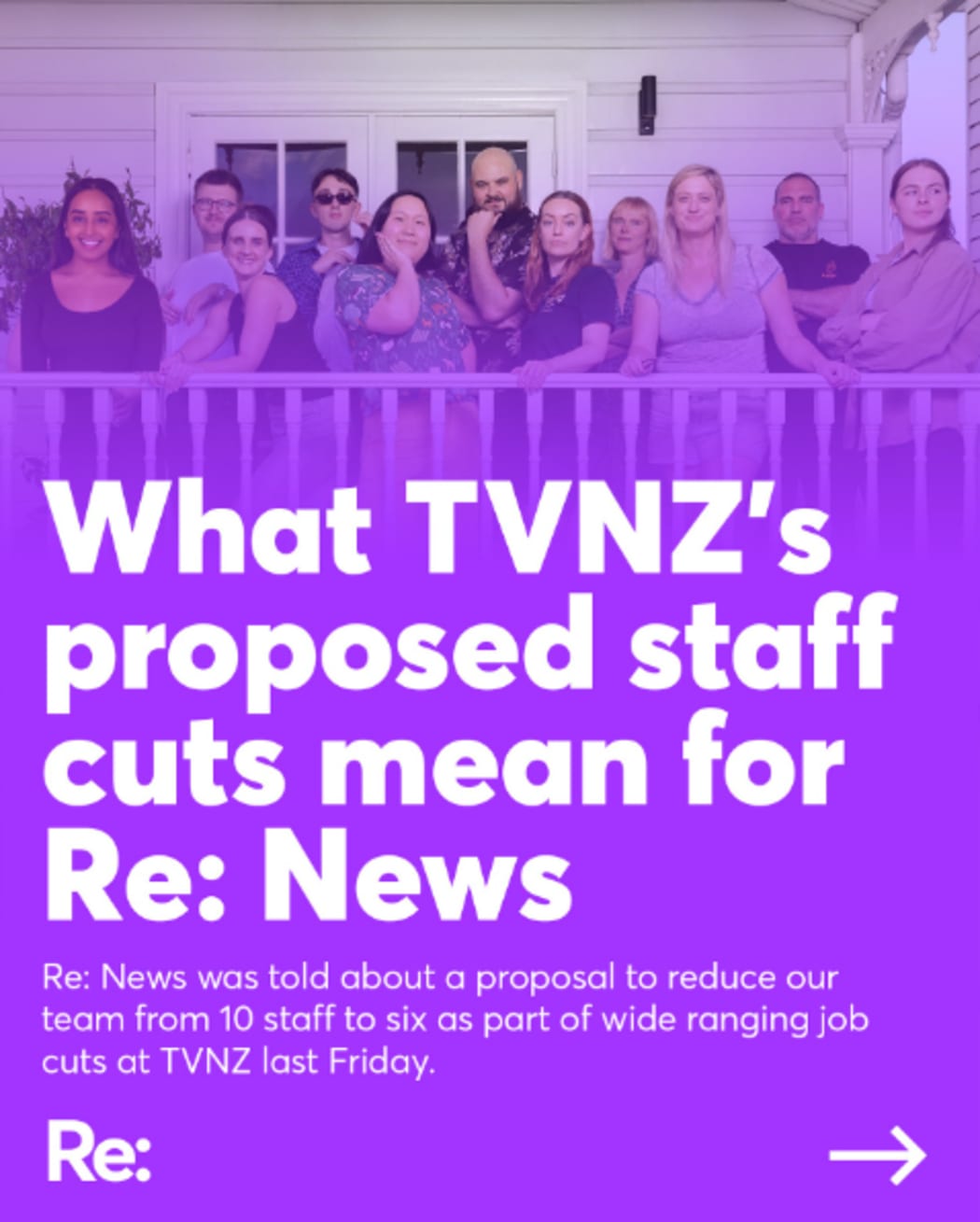 A screenshot of Re: News' Instagram post responding to TVNZ proposed staff cuts.