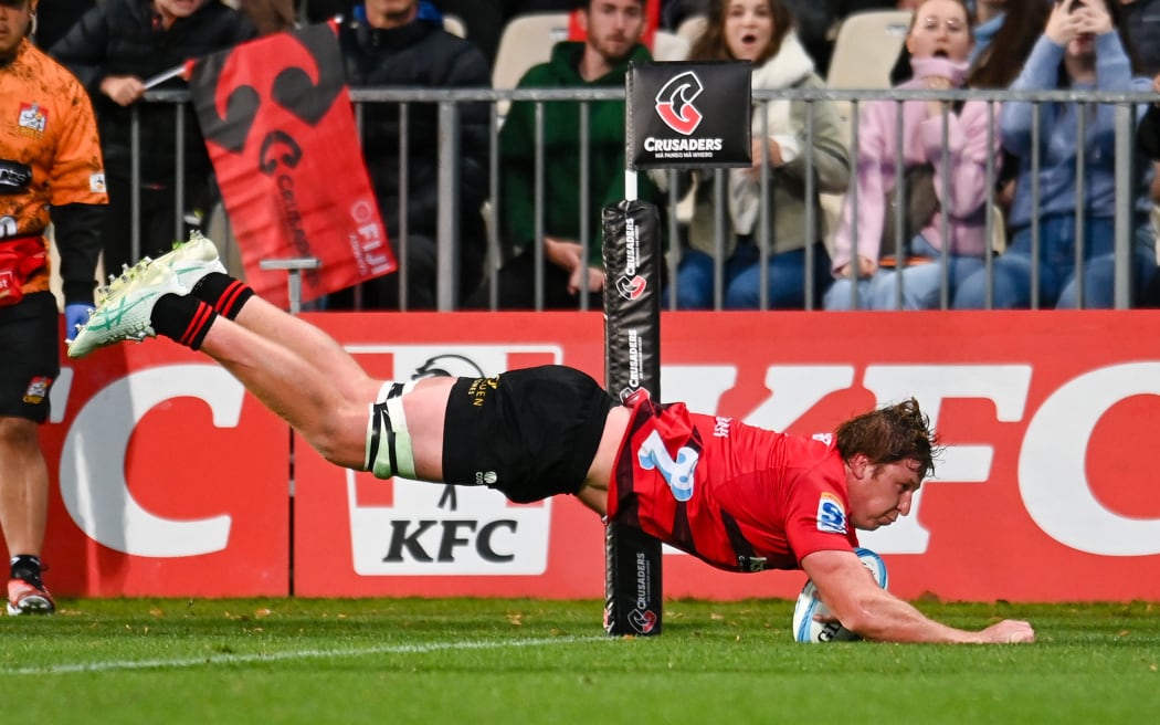Cullen Grace of the Crusaders scores a try during the Super Rugby Pacific match, Crusaders Vs Chiefs, at the Apollo Projects Stadium, Christchurch, New Zealand, 29th March 2024. Copyright photo: John Davidson / www.photosport.nz