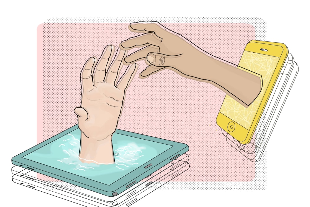 Image of hands reaching out from smartphones.