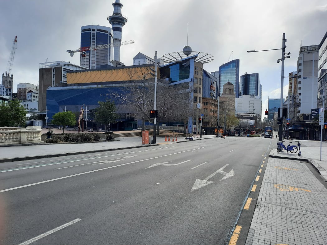 Central Auckland at midday on the first day of the August 2021 lockdown.