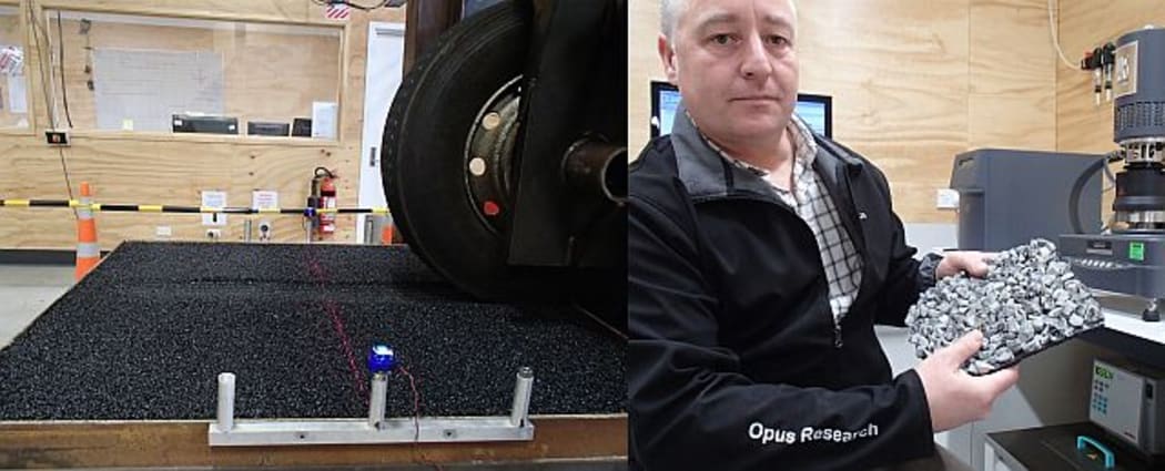 The accelerated pavement wear machine (left) is being used to test a base course made from rounded river gravel. Steve Bagshaw (right) is holding an example of chip seal made with epoxy bitumen which is rigid and self-supporting, unlike normal chip seal.