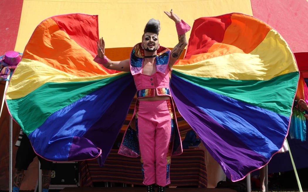 MC and “drag king” Hugo Grrrl performs at the post-parade Gayla.