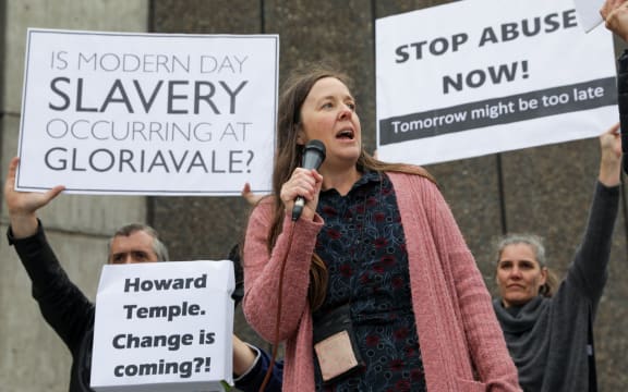 Former members of Gloriavale protest at the Christchurch leaders debate, urging the Prime Minister to launch an inquiry into the sect.