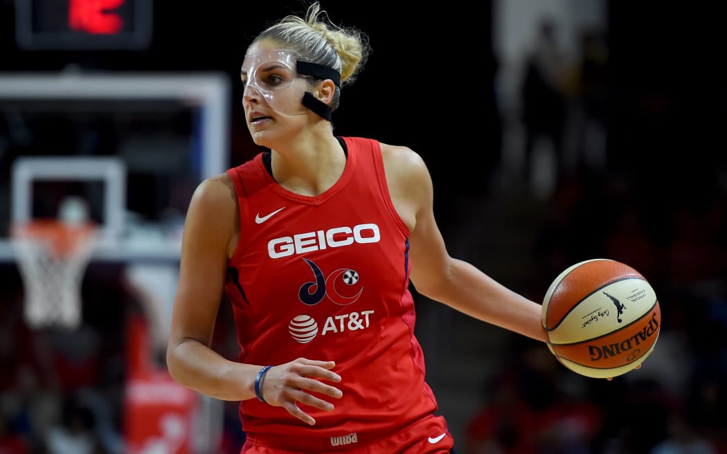 : Elena Delle Donne #11 of the Washington Mystics dribbles against the Connecticut Sun during the second half of WNBA Finals Game One at St Elizabeths East Entertainment & Sports Arena on September 29, 2019 in Washington, DC.