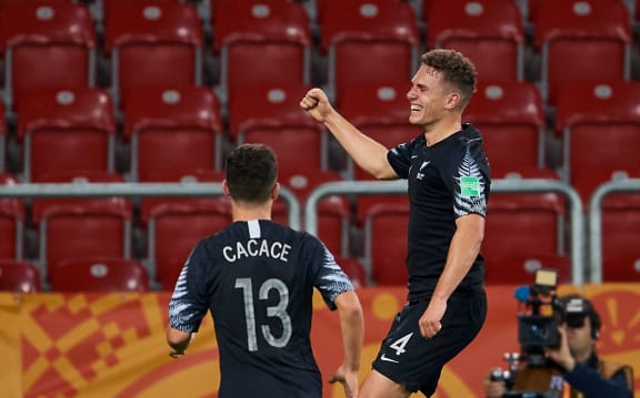 Gianni Stensness from New Zealand U20 celebrates a goal.