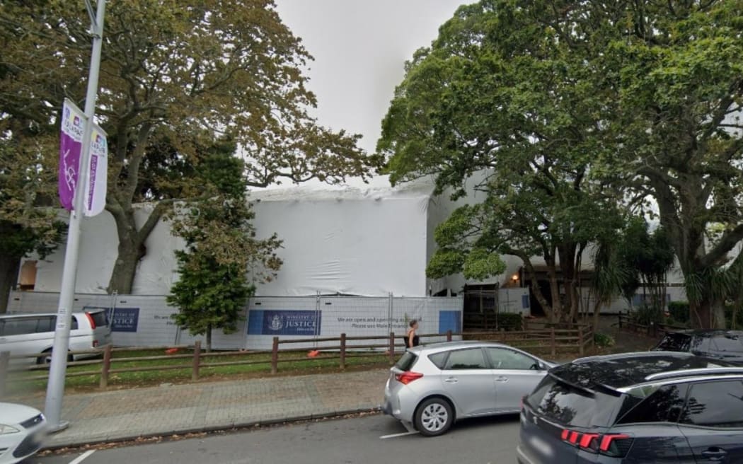 The Papakura District Court building is under plastic wrapping to protect it from water damage and mould. (Google Maps/Screenshot)