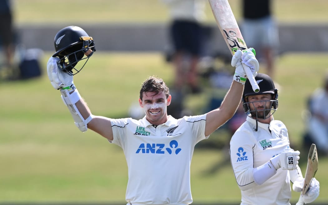 New Zealand captain Tom Latham celebrates his century on Day 1 of the 3rd cricket test match between New Zealand and West Indies at Bay Oval in Mt Maunganui, New Zealand. Thursday 18 December 2025. © Photo: Andrew Cornaga / Photosport