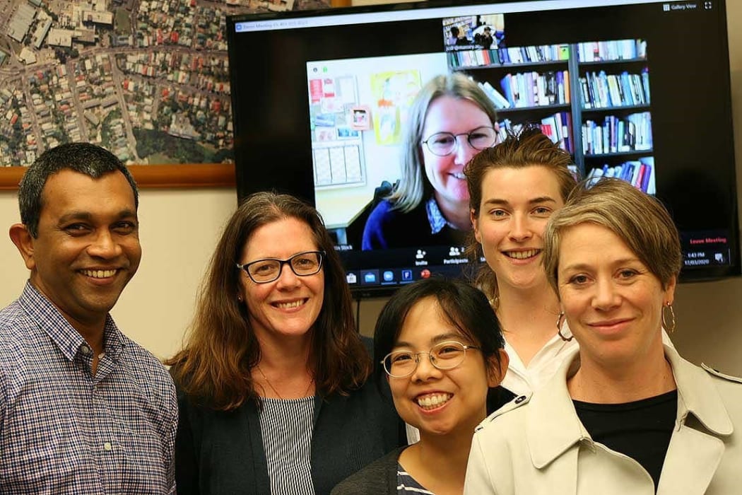 Dr. Raj Prasanna (left), Dr. Julia Becker, Marion Tan, Emily Lambie, Associate Professor Anna Brown, Dr. Kristin Stock (on screen).