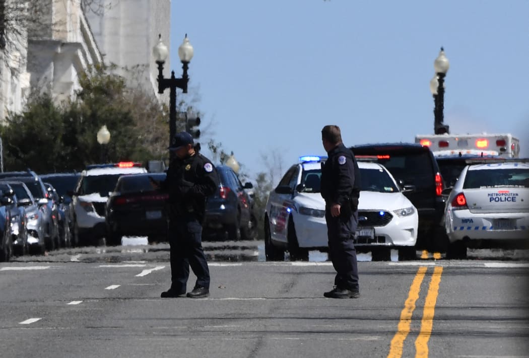 Police block a street near the US Capitol on April 2, 2021, after a vehicle drove into US Capitol police officers in Washington, DC.