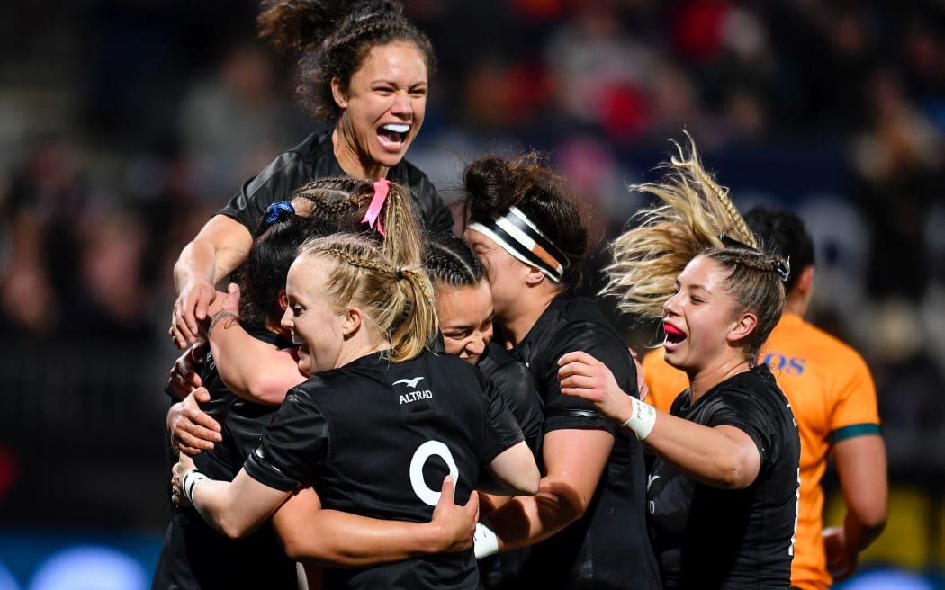 Black Ferns celebrates Ruahei Demant of the Black Ferns try during the Laurie O'Reilly Cup  rugby match, Black Ferns Vs Australia, Orangetheory Stadium, Christchurch, New Zealand, 20th August 2022. Copyright photo: John Davidson / www.photosport.nz