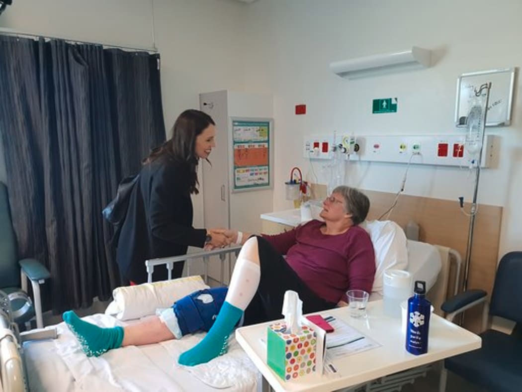 Jacinda Ardern meets a patient. She announced the government would supply $200m to build a new elective surgery unit at North Shore Hospital.