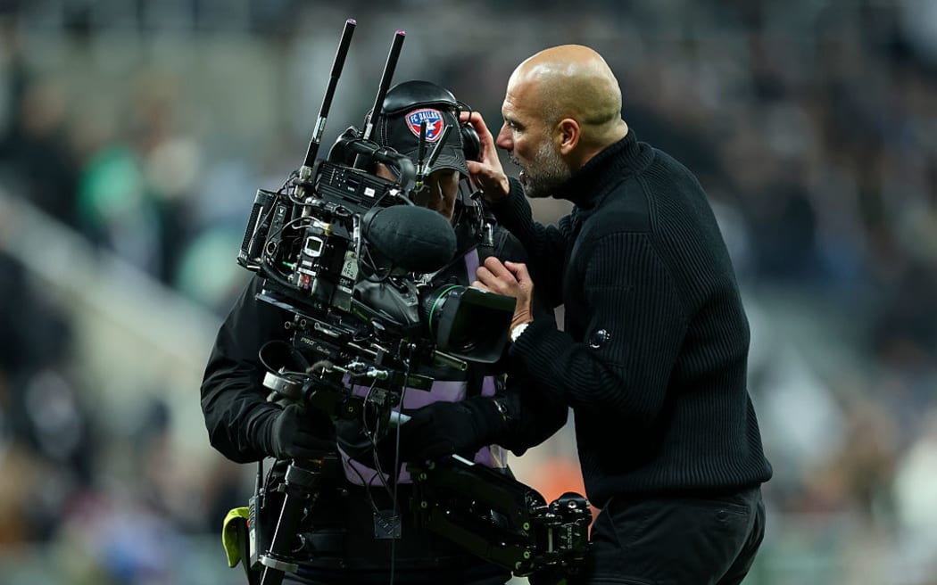 Pep Guardiola complains to TV cameraman after the Premier League match between Newcastle United and Manchester City at St James' Park on 22 November, 2025 in Newcastle upon Tyne, England.