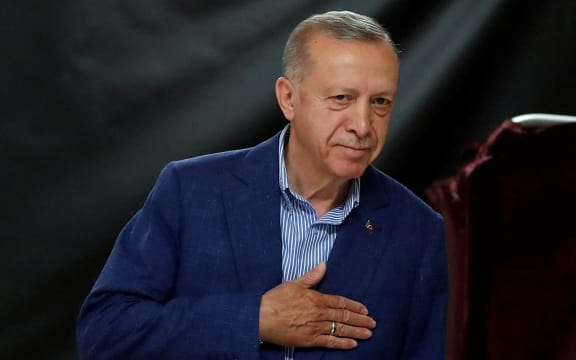 Turkey's president and presidential candidate of AK Party Recep Tayyip Erdogan at a polling station in Istanbul on the day of the presidential runoff vote.  28 May, 2023.