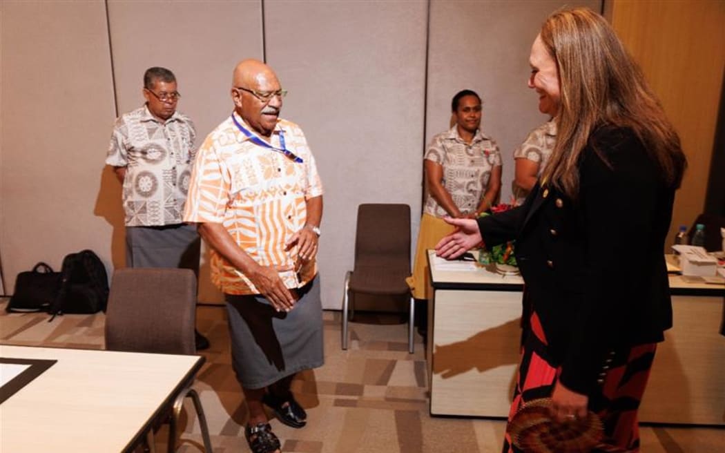 Fiji Prime Minister, Sitiveni Rabuka speaks with New Zealand Deputy Prime Minister Carmel Sepuloni in Suva.