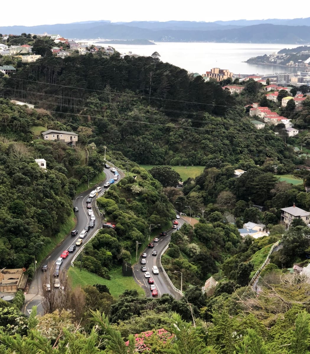 Traffic backed up on Raroa Road, Aro Valley, Wellington at 9.10am as a result of The Terrace Tunnel crash.