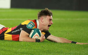 Oli Mathis of Waikato scores during the Waikato v Northland NPC match.