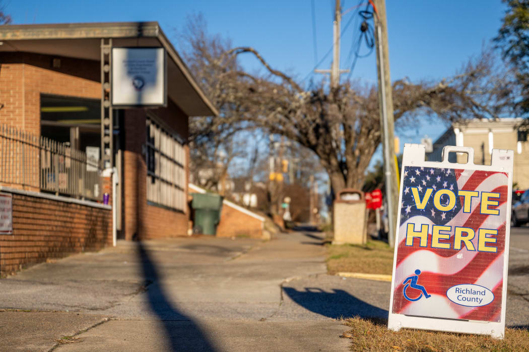 HAMPTON, SOUTH CAROLINA - JANUARY 29: A voting sign is seen outside of the Richland County Satellite building on January 29, 2024 in Hampton, South Carolina. South Carolina continues preparations ahead of the next Primary election on February 3. Republican presidential candidates former President Donald Trump and former UN Ambassador and former South Carolina Governor, Nikki Haley will continue battling it out for their parties nomination.   Brandon Bell/Getty Images/AFP (Photo by Brandon Bell / GETTY IMAGES NORTH AMERICA / Getty Images via AFP)