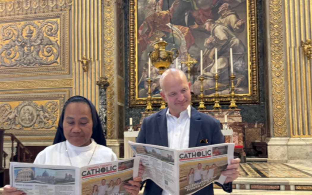 Sister Susana Vaifale (left) and Michael Muller at St Peter's Basilica in Rome. Mike is a parishioner at St Cecilia Church in Tustin