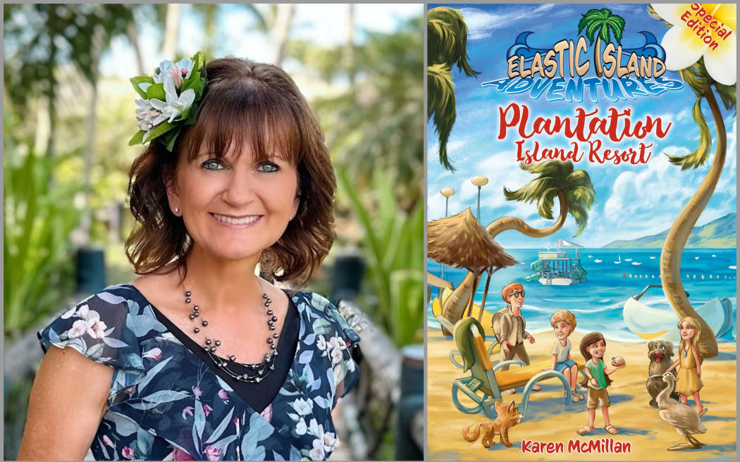 Image of Karen McMillan and the cover of her Elastic Island Adventures book, Plantation Island Resort.