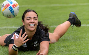New Zealand Black Ferns sevens Stacey Waaka throws the ball on scoring a try in Hong Kong 2023
