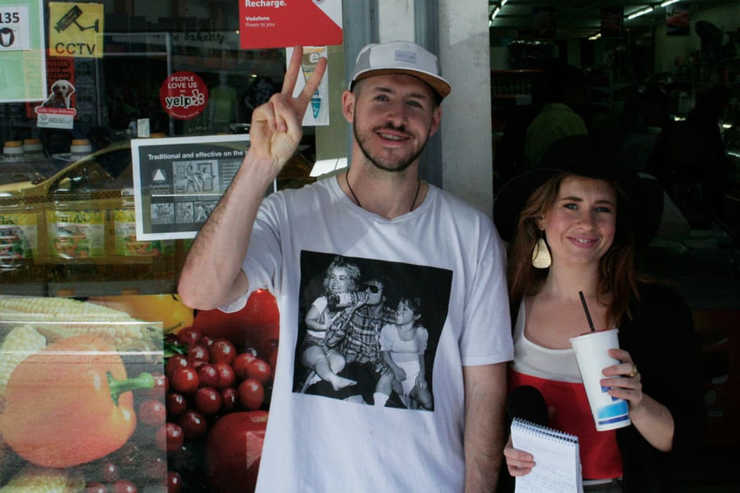 Tom Scott and Music 101 reporter outside Scott's favourite Melbourne juice joint.