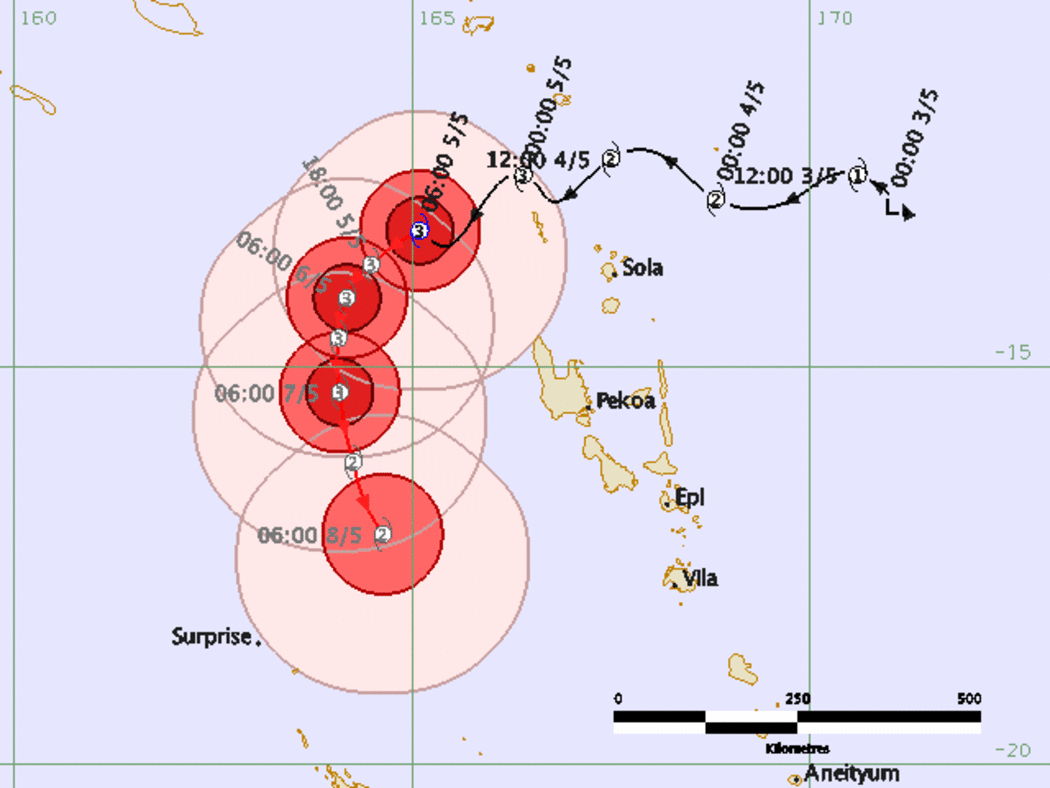 The latest cyclone forecast track map, from the Fiji Meteorological Service, predicts a path for Cyclone Donna well west of Vanuatu. New Caledonia's main island is to the south, beneath Surprise.