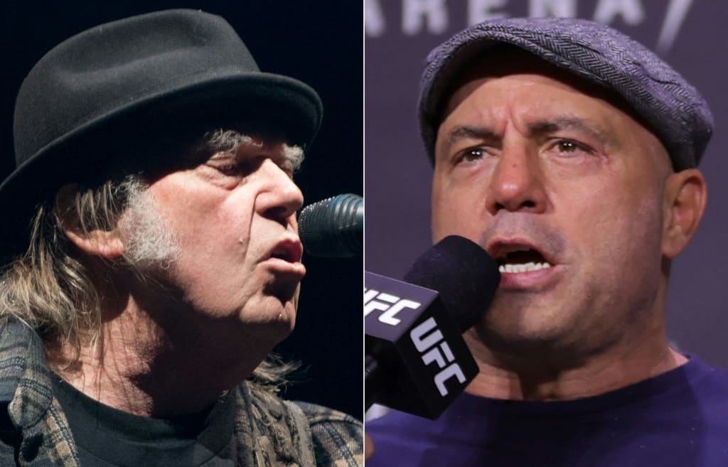 Neil Young (L) has criticised podcast host Joe Rogan (R) for his views on Covid-19 vaccines.