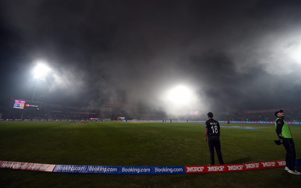 Mist sets in the HPCA stadium stopping play during the Cricket World Cup 2023 between New Zealand and India in Dharamsala.