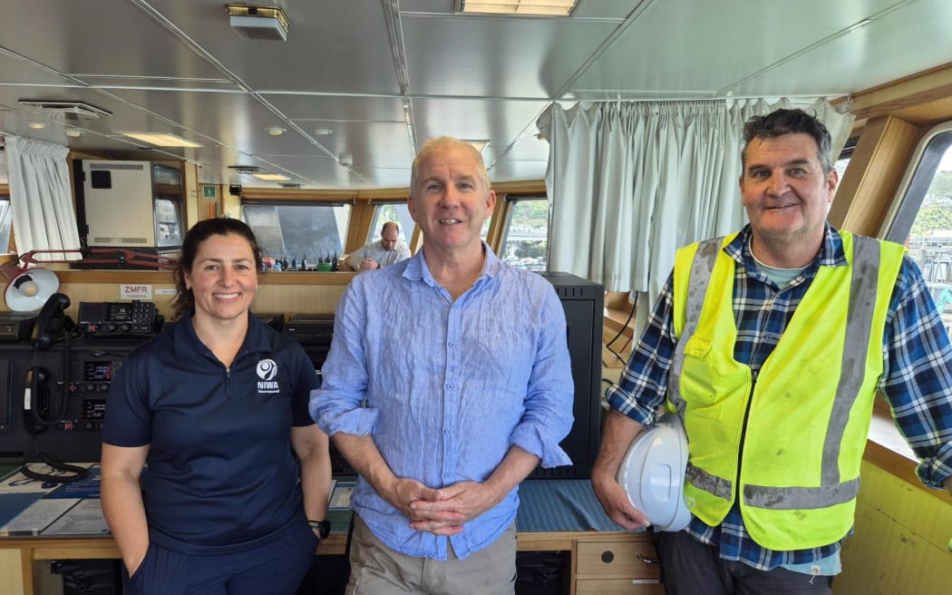 From left, co-voyage leads and NIWA oceanographers Denise Fernandez and Craig Stevens, and University of Otago Professor of Marine Sciences Miles Lamare.