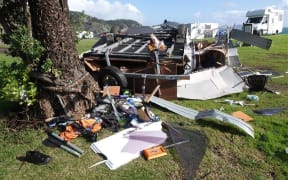 A campervan was destroyed in a reported tornado at Tauranga Bay Holiday Park in Northland, 15 July 2025.