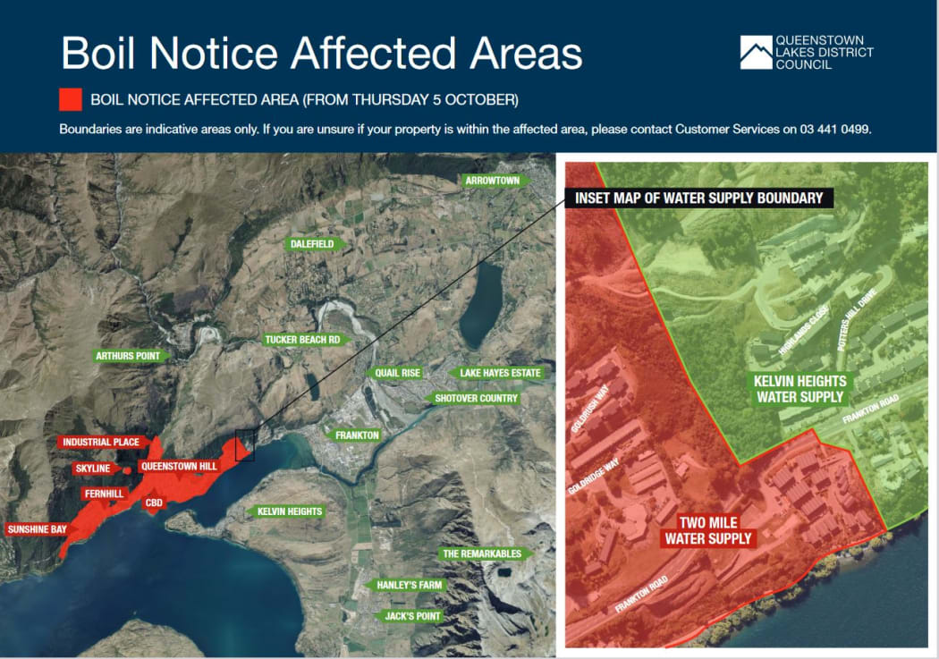 A map showing which regions in the Queenstown-Lakes District are under a boil water notice on 5 October 2023.