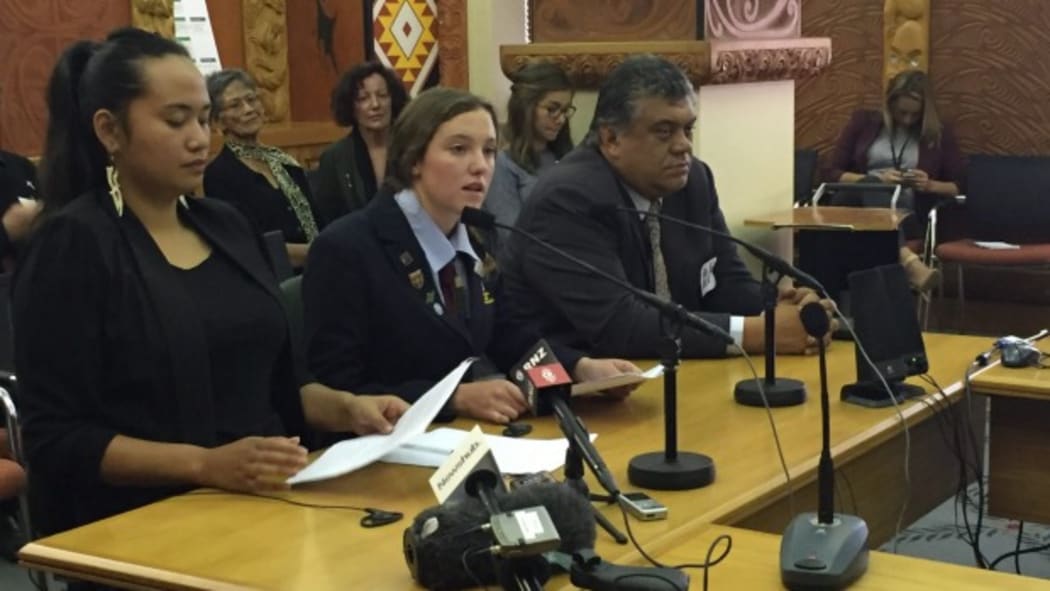 Leah Bell and Waimarama Anderson present their submission alongside Rahui Papa.