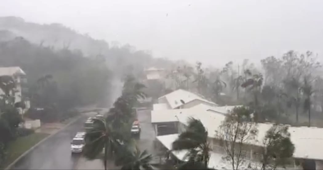 Violent wind and rain in Airlie Beach, Australia. Cyclone Debbie