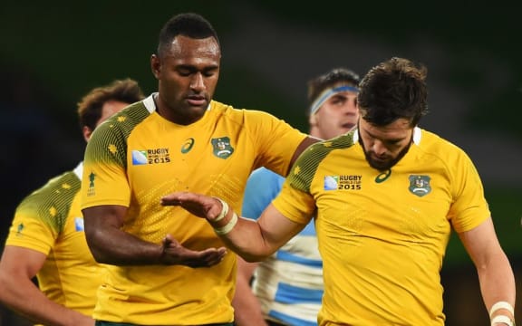 Wallabies Tevita Kuridrani and Adam Ashley-Cooper during the Rugby World Cup semi-final win over the Pumas at Twickenham, London, England. Sunday 25 October 2015. Copyright Photo: Andrew Cornaga / www.Photosport.nz