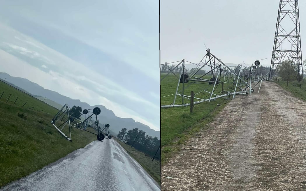 Wind-damaged pivot irrigators in North Canterbury.