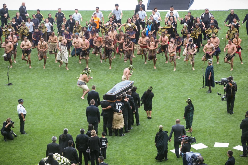 Jonah Lomu's casket is carried in to Eden Park