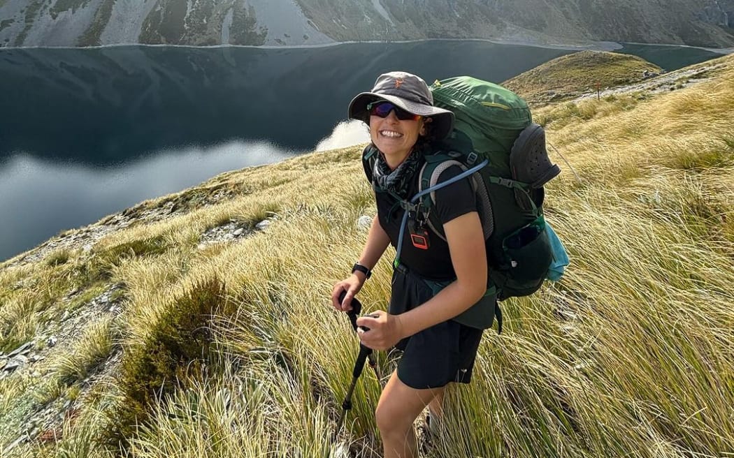 Cyclist Kate Wightman on the Waiau Pass while walking the length of NZ to raise funding & awareness for gynaecological cancer