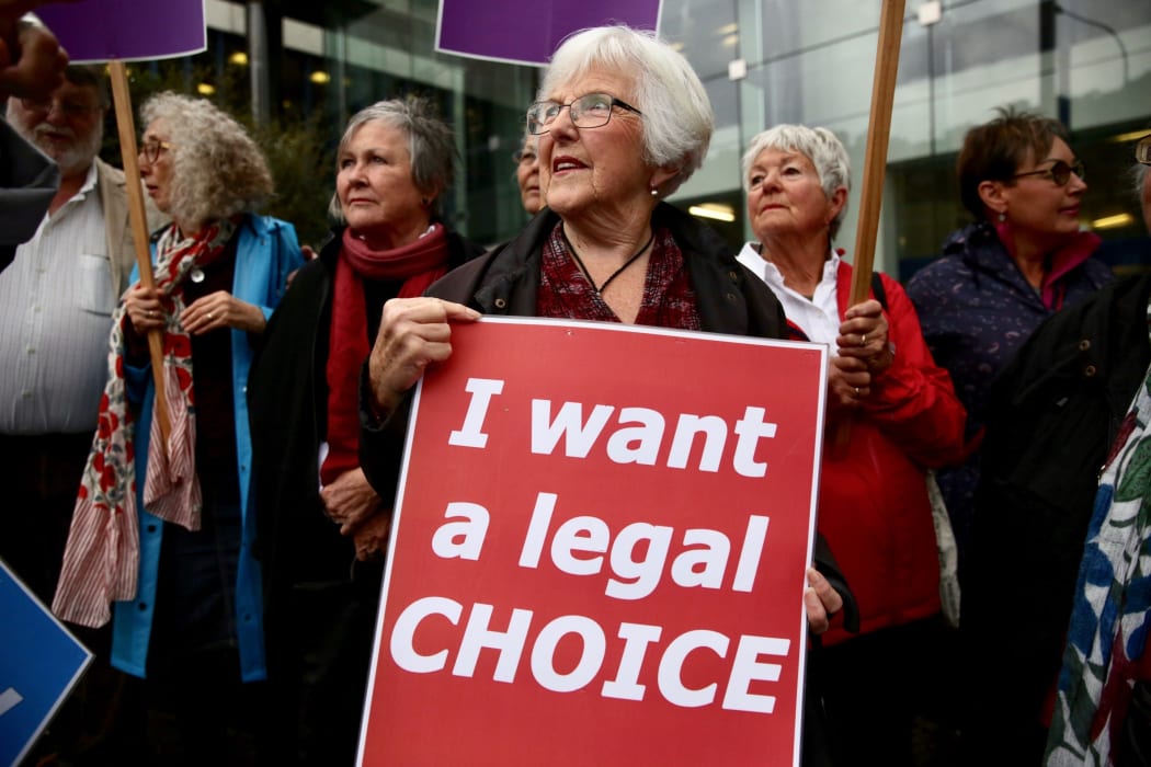 Euthanasia advocates stood outside the court during Susan Austen's sentencing on Friday, 11 May, 2018.