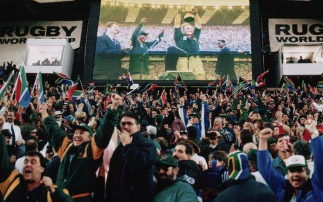 South African rugby fans celebrate the Springboks 1995 World Cup success in South Africa.