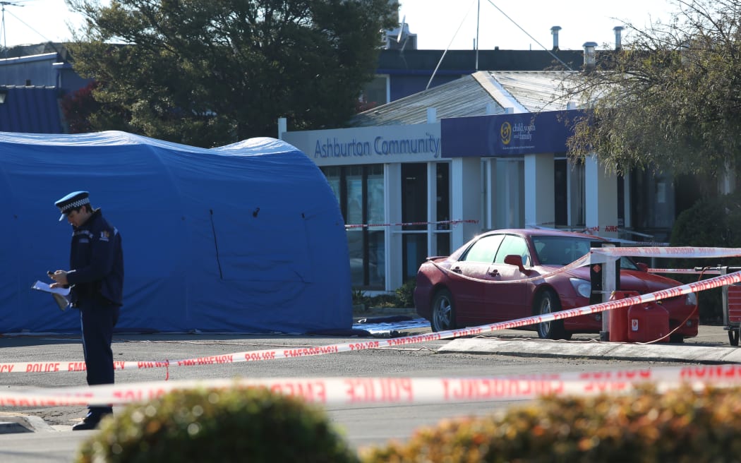 Police this morning at the scene of the fatal Ashburton shooting.