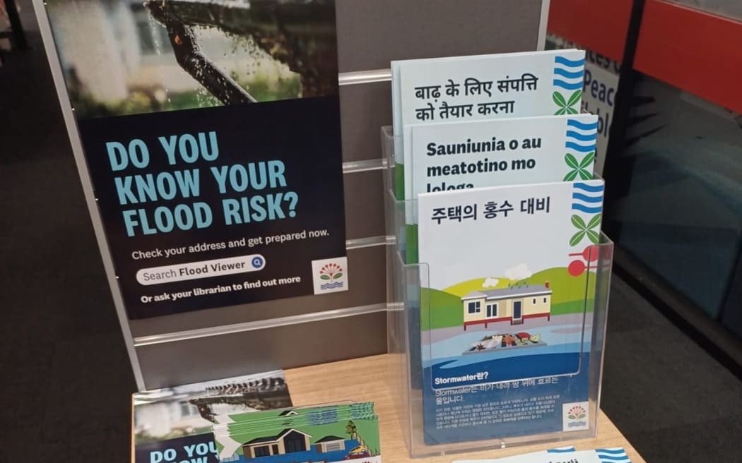 image of materials for Auckland council's multi lingual flood resilience campaign through the city's libraries