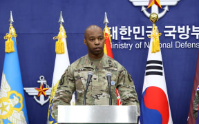 Colonel Isaac Taylor of the United Nations Command (UNC), Combined Forces Command (CFC) attends the press briefing of the 2023 Freedom Shield Exercise at the Defense Ministry in Seoul on March 3, 2023. (Photo by Chung Sung-Jun / POOL / AFP)