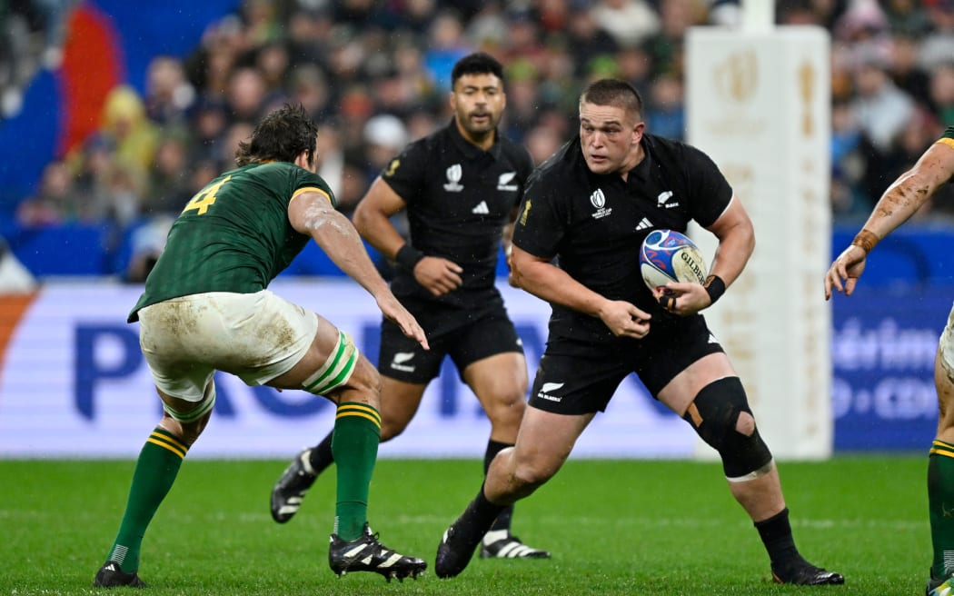 Ethan de Groot in action during the Rugby World Cup 2023 final between New Zealand and South Africa at Stade de France.