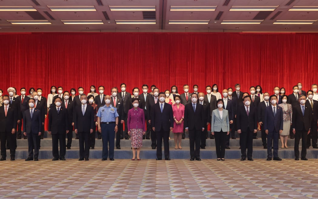 Chinese President Xi Jinping meets with senior figures of the Hong Kong Special Administrative Region's executive, legislative and judicial bodies in Hong Kong, south China, June 30, 2022.
