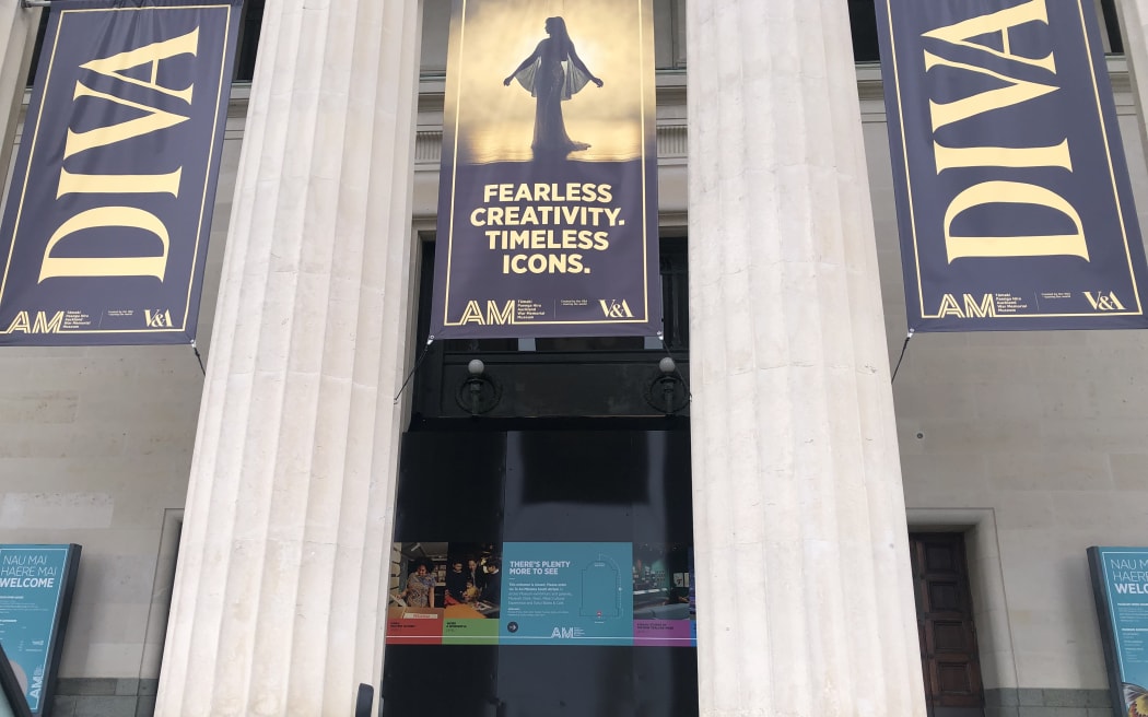 Outside the Auckland War Memorial Museum there are flags advertising the museum's newest exhibition DIVA