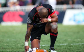 Warriors Manu Vatuvei dejected after the Warriors lose the 
NRL Rugby League match - Warriors v Titans, played on Saturday 25 April 2015 at Mount Smart Stadium.