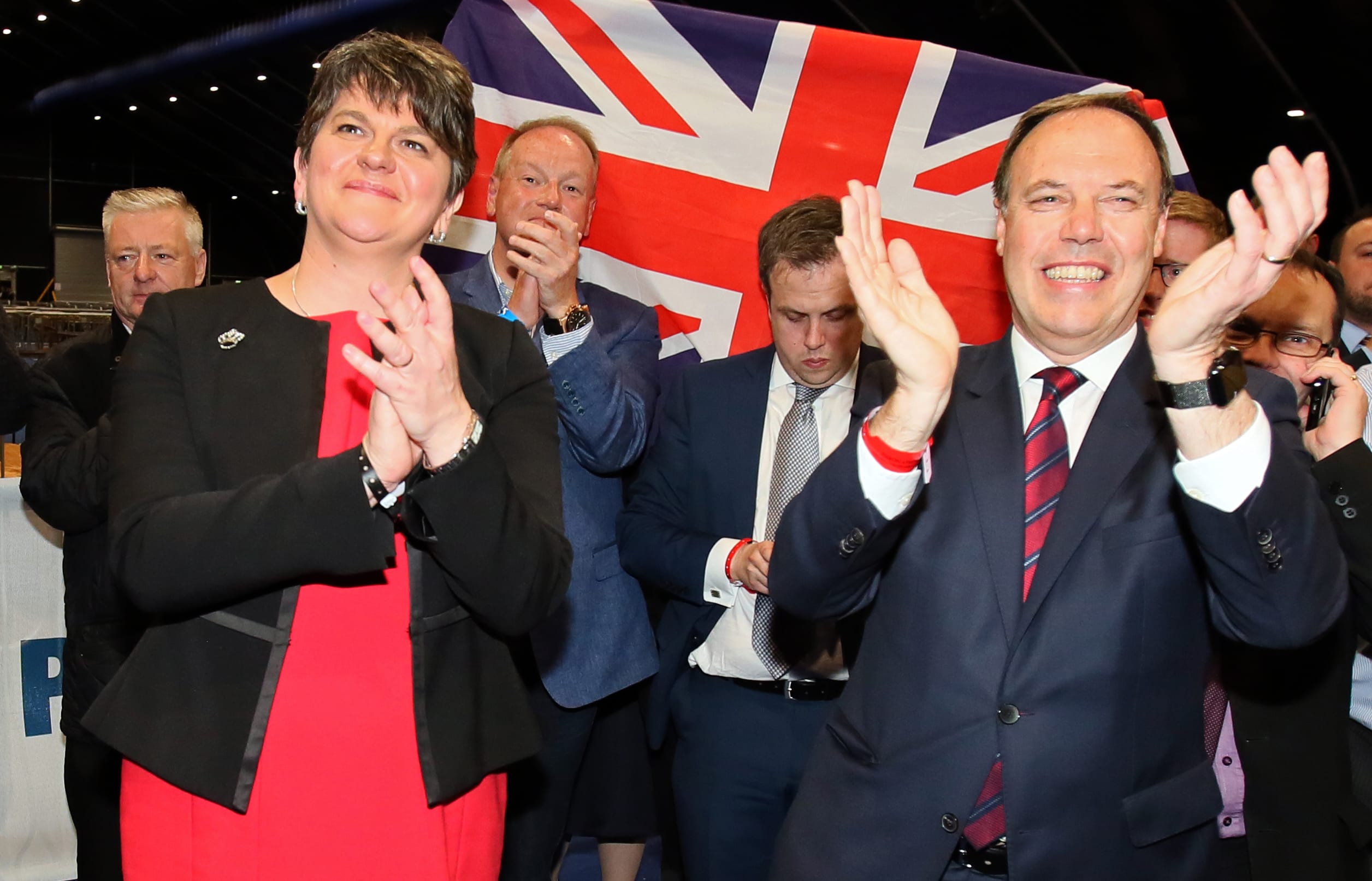 Democratic Unionist Party (DUP) deputy leader Nigel Dodds, at right,  and leader Arlene Foster. celebrate Dodds winning his Belfast North seat.