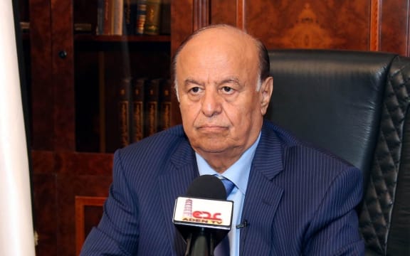 President Hadi speaking to media in Aden on 21 March.