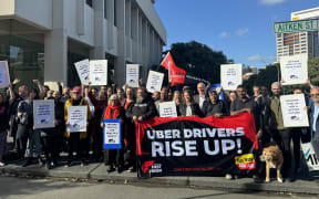 Uber drivers rallying outside the Court of Appeal in Wellington on 19 March 2024.