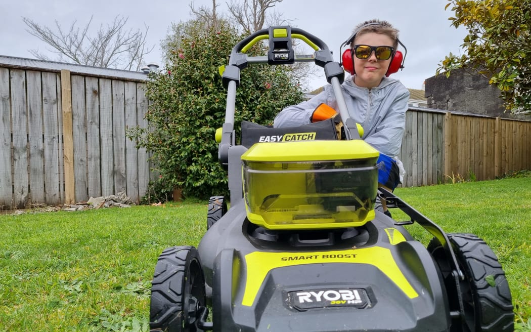 Eleven-year-old Kayden Wallis-Potroz from New Plymouth has a lawn mowing business with a burgeoning client base.